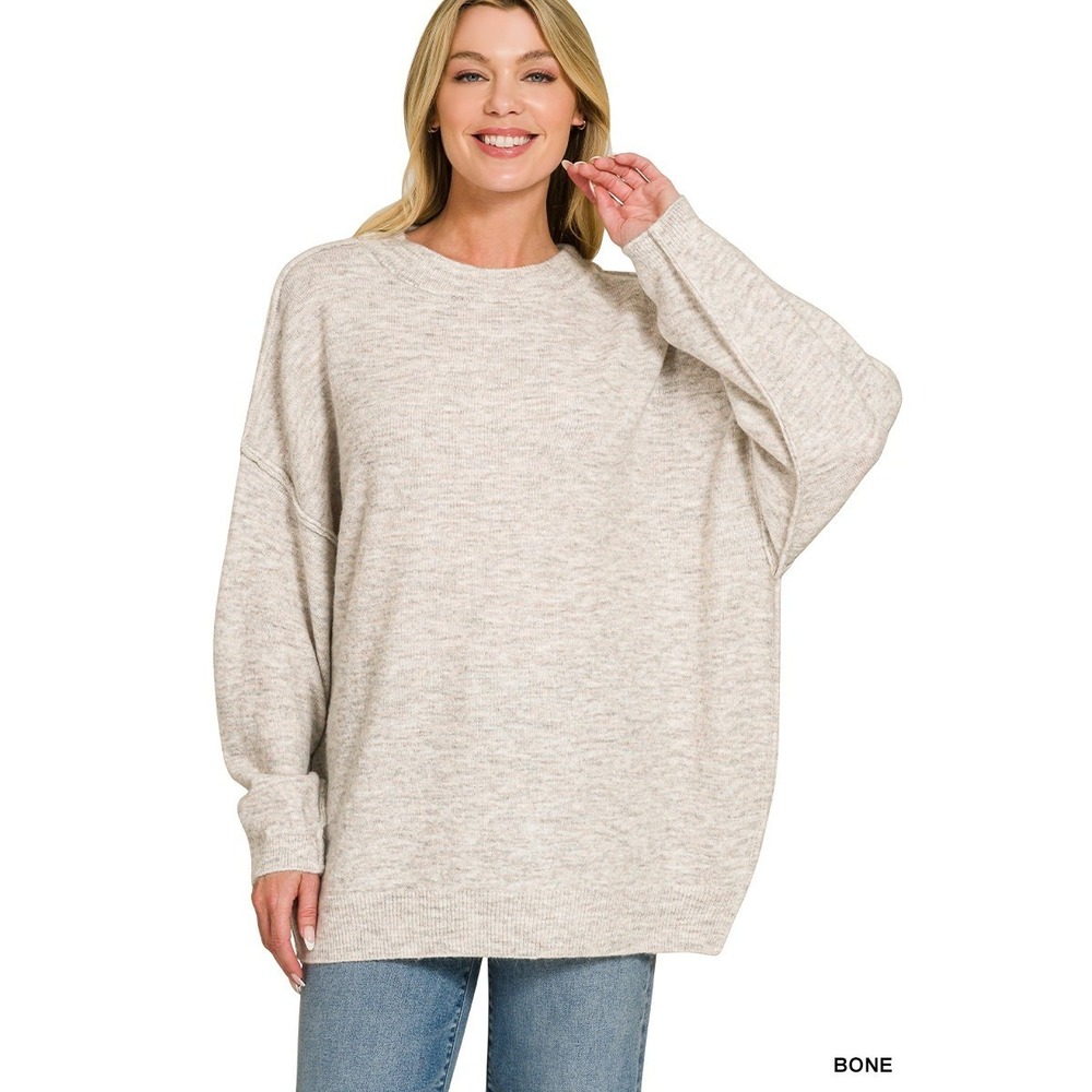 Zenana Oversized Round Neck‎ Exposed Seam Melange Sweater - Bone - S/M